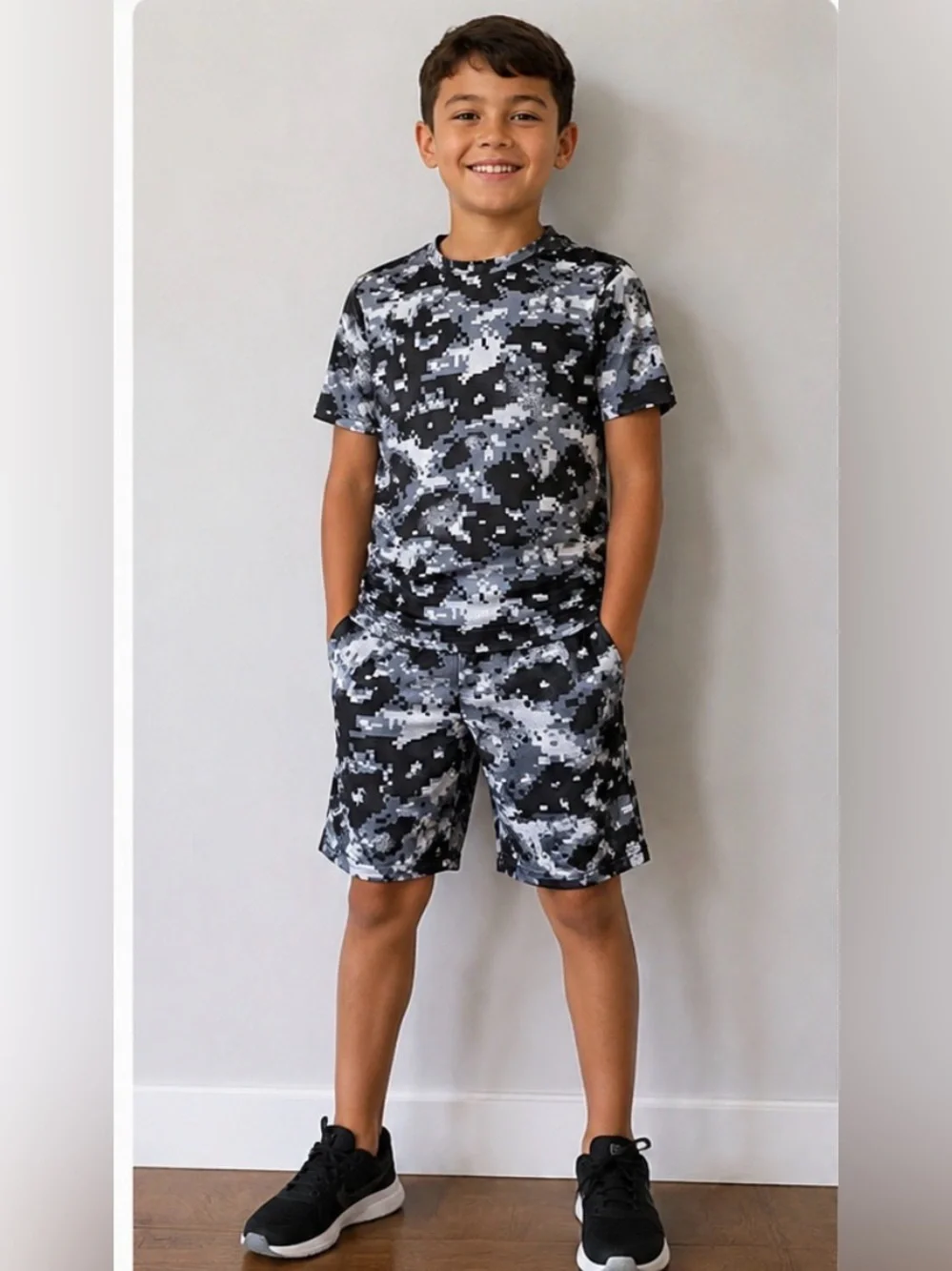 Athletic Works Boys 3 Piece Set Size 8 Gray Black Digital Camo Shirt & Shorts